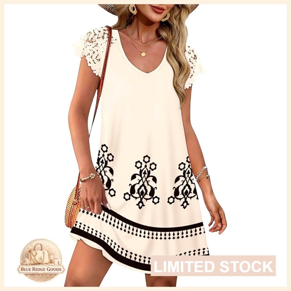 Lace Short Sleeve Sundress Casual Wedding Guest Beach Vacation Swing Dress